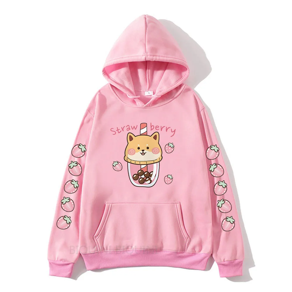 

Strawberry Milk Cartoon Printing Hoodies Long Sleeve Women/Men Sweatshirt with Hooded Casual Winter Fleece Comfortable Pullovers