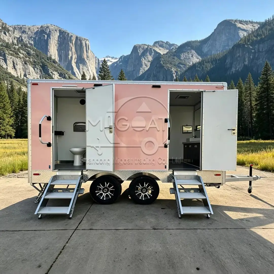 

Cute Pink Dual-Room Portable Restroom Trailer Custom Logo Mobile Lavatory for Wedding Glamping Outdoor Party & Rental Business