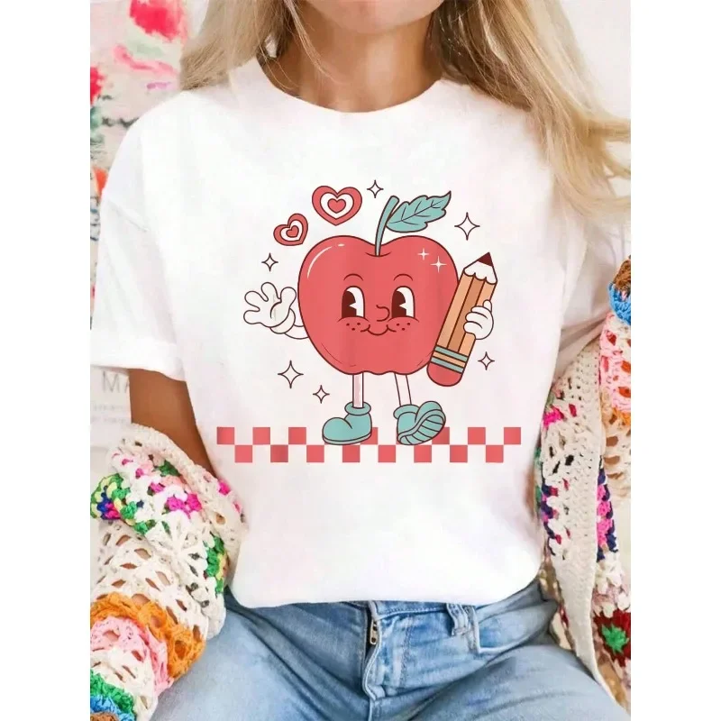 Pure Cotton Cute Retro Checkered Apple Face Teacher Pencil T-shirt Summer Women's Cotton Round Neck Loose Women's Casual T-shirt