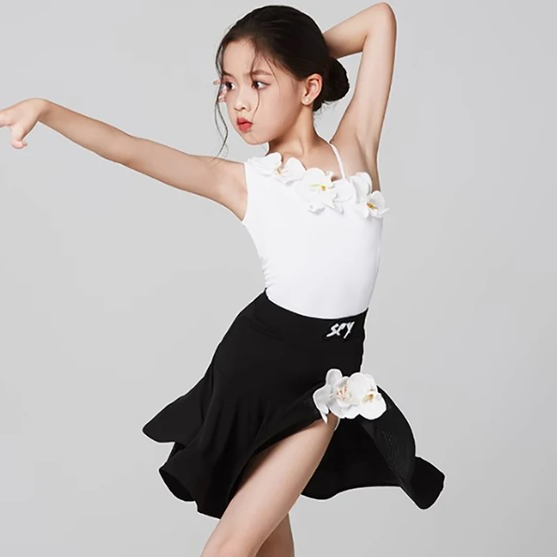 أطفال بنات واحد الكتف زهرة اللاتينية فستان رقص هيكل السمكة تنورة قاعة الرقص رومبا Dancewear التدريب تشاتشا أزياء مسرحية