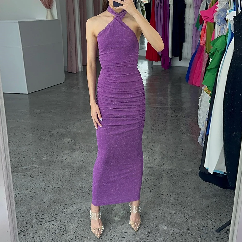 

Straight Sleeveless Jersey Simple Halter Ankle Length Bespoke Occasion Gowns Purple Elegant Backless(Open Back) Evening Dress