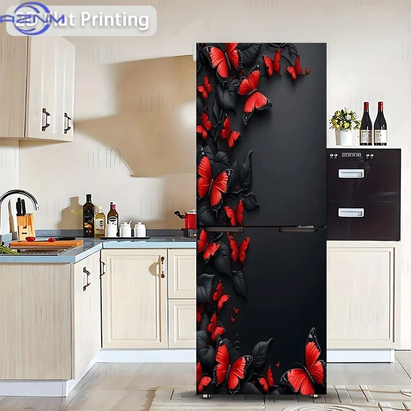 Refrigerator Sticker Red Butterfly with Black Leaves Decorative Pattern on Black Background Themed Scene Wall Decal view 2