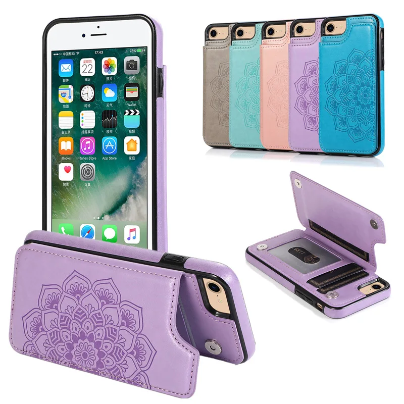 Mandala Embossed PU Leather Phone Case Bracket for iPhone 14 11 15 13 Pro Max X XS XR 7 8 Plus SE Card Pocket Back Cover Case