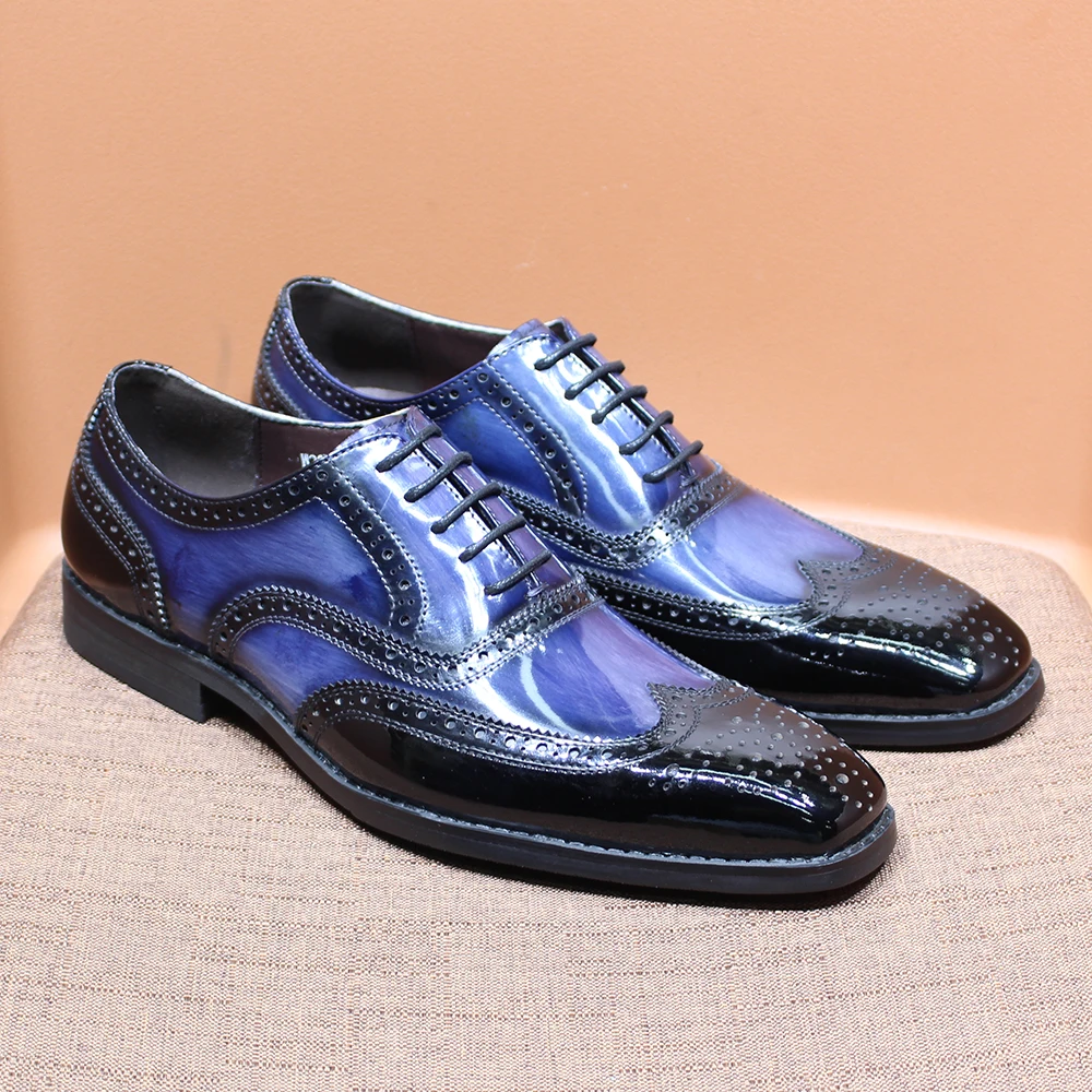 Luxury Men\'s Oxfords Genuine Patent Leather Lace Up Wedding Party Office Dress Shoes for Men Brogue Wingtip Formal Oxfords Blue