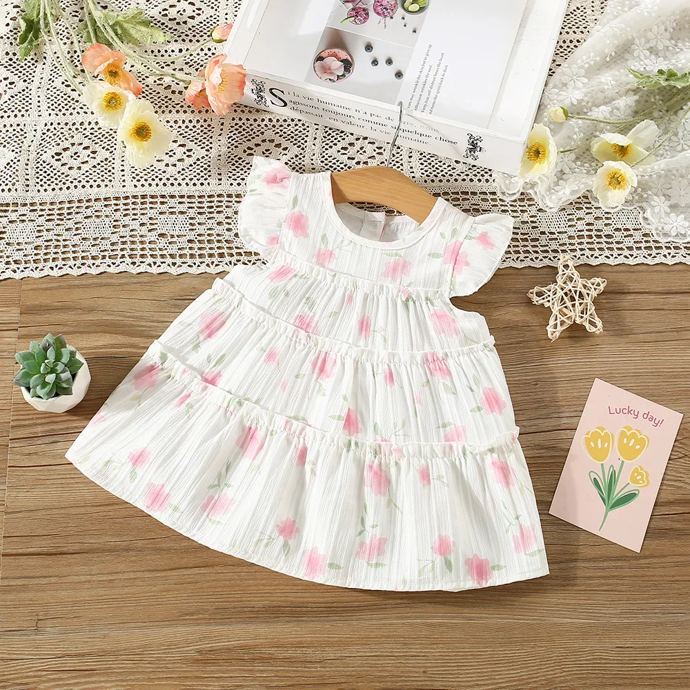 (0-3 Years Old) Summer Baby Girl Cotton Full of Small Flowers Flying Sleeve Dress Cute Princess Dress for Girls