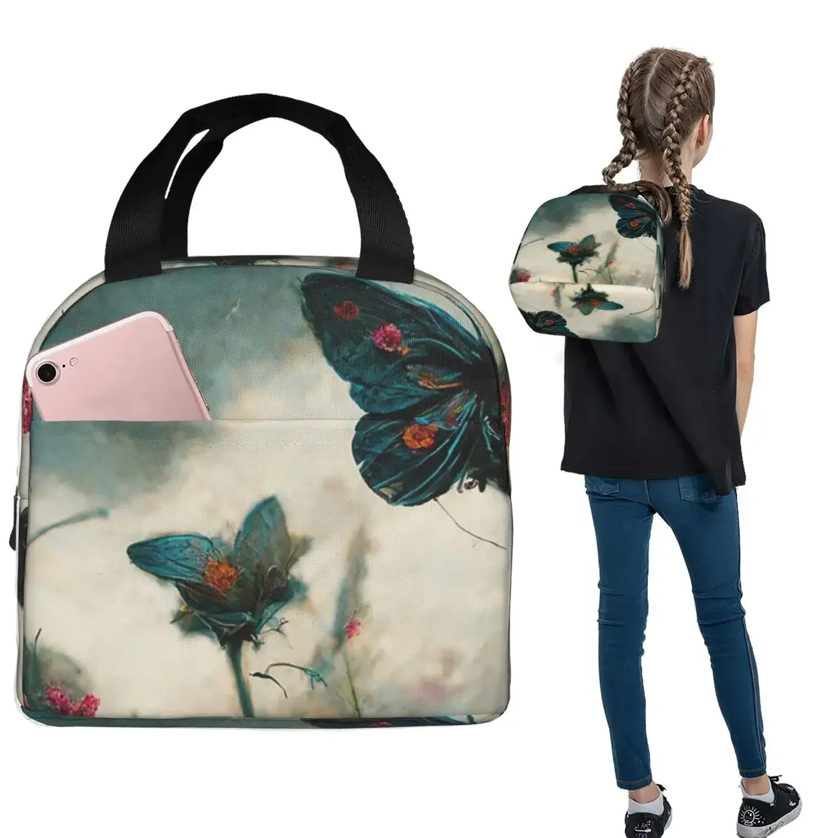 Butterfly Stands On Flowers Oil Painting Insulated Lunch Bag for Women Children Leakproof Food Boxes Thermal Lunch Box Tote