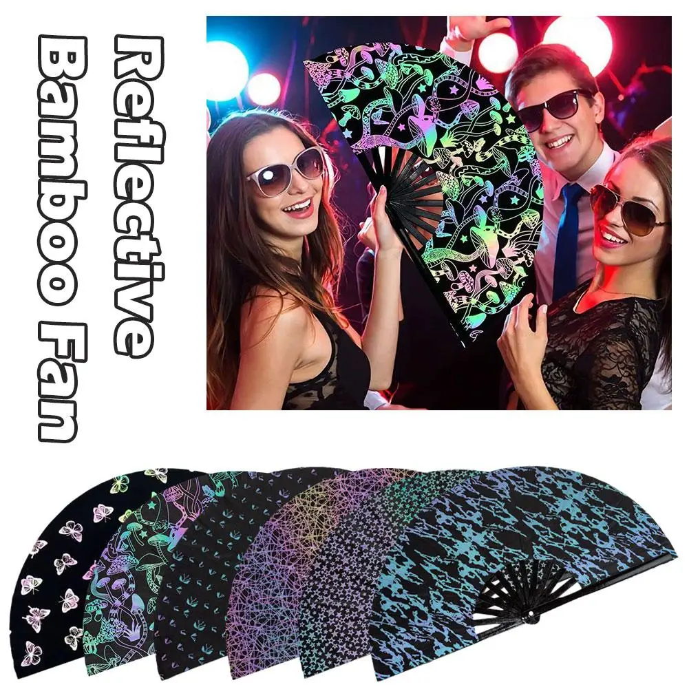 Colorful UV Fluorescent Folding Fan Handmade Chinease Gradient Colorful Reflective Luminous Foldable Fan For Bar Club