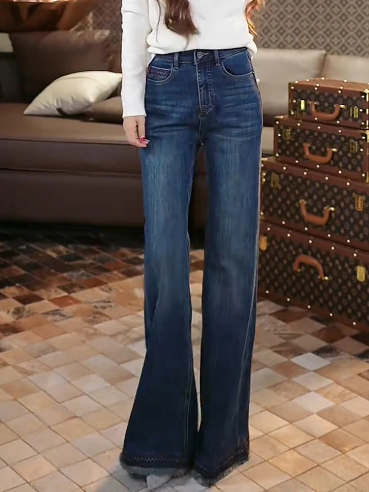 

Повседневные женские джинсы свободного кроя с флисовой подкладкой, выцветшего синего цвета, с узором под фарфор, с бахромой, прямые, из смесового хлопка и полиэстера