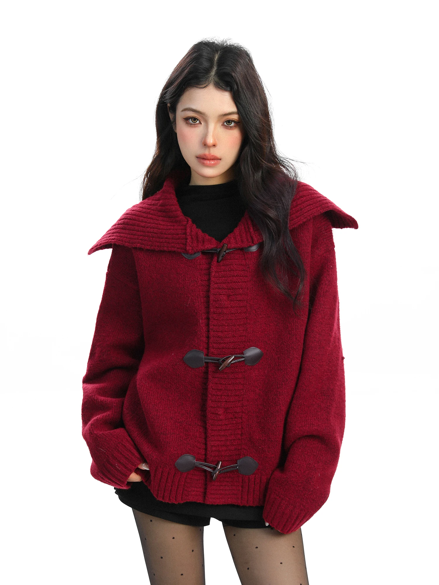 

Red New Year Sweater Women's Loose Knitted Long Sve Navy Collar Coat with Horn Buttons Autumn Winter Warm Cardigan Outerwear
