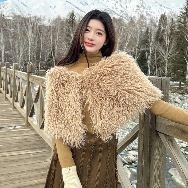 

Fashion Long Imitate Cashmere Faux Fur Shoulder Shawl Women Party Dress Cape Autumn Winter Plush Scarf Short Wraps