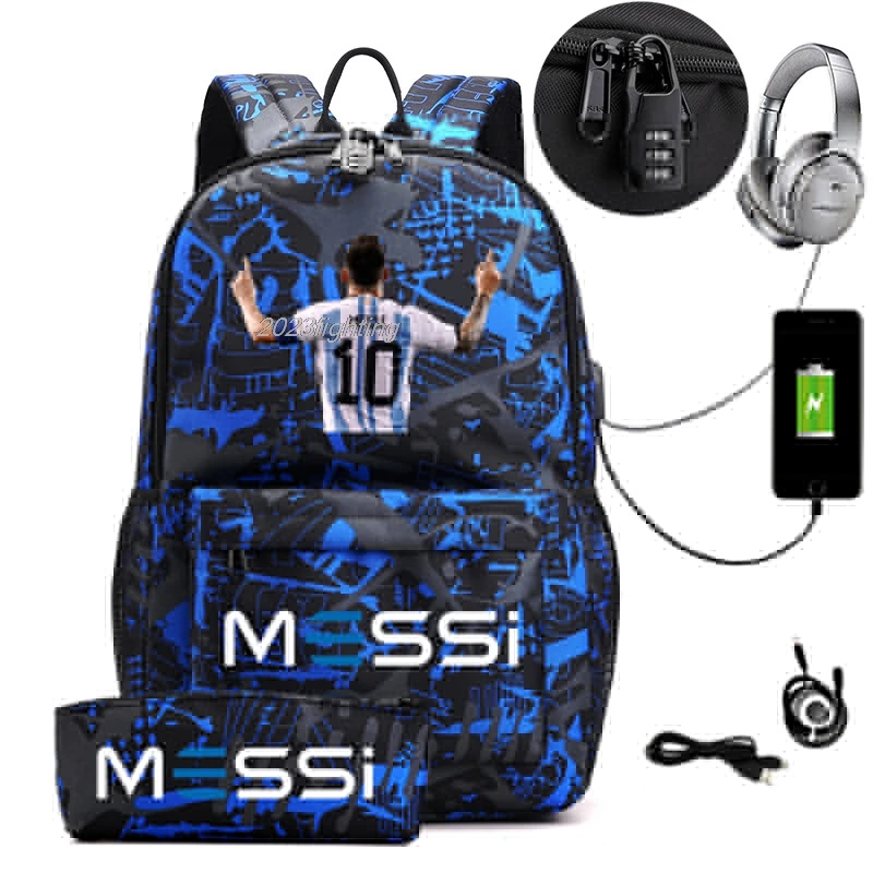 Mochila Messi con cerradura an-ti para hombre y mujer, morral informal para estudiantes de secundaria, capacidad para ordenador portátil, 2 piezas