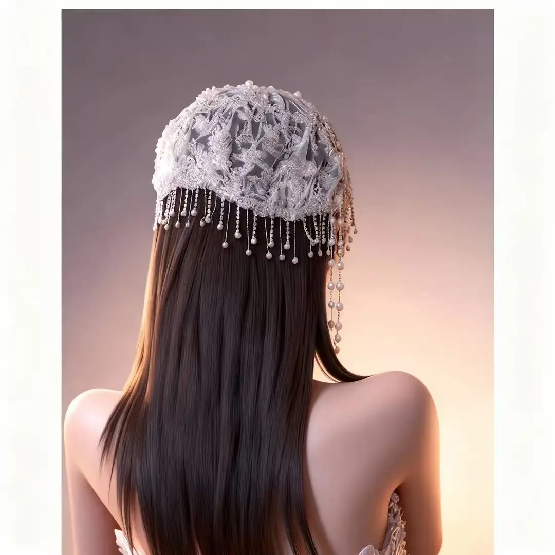 Ricamo a macchina Copricapo di perline vintage Maglia di pizzo Berretto con nappa Accessori per capelli Parrucchino per abito da sposa
