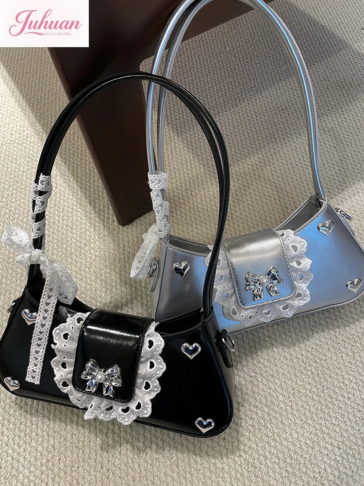 

Japanese Niche Design Original Ballet Style Sweet Girlish Lace Bag Bow Shoulder Bag Subculture Y2K Women Crescent Messenger Bags