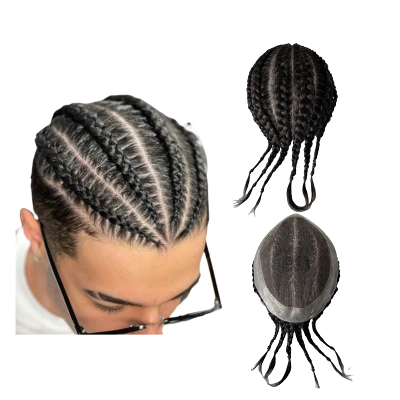 Brazilian Virgin Human Hair Replacement 1b Black Cornrow Braids Toupee 7x9 Lace with PU Unit for Black Men