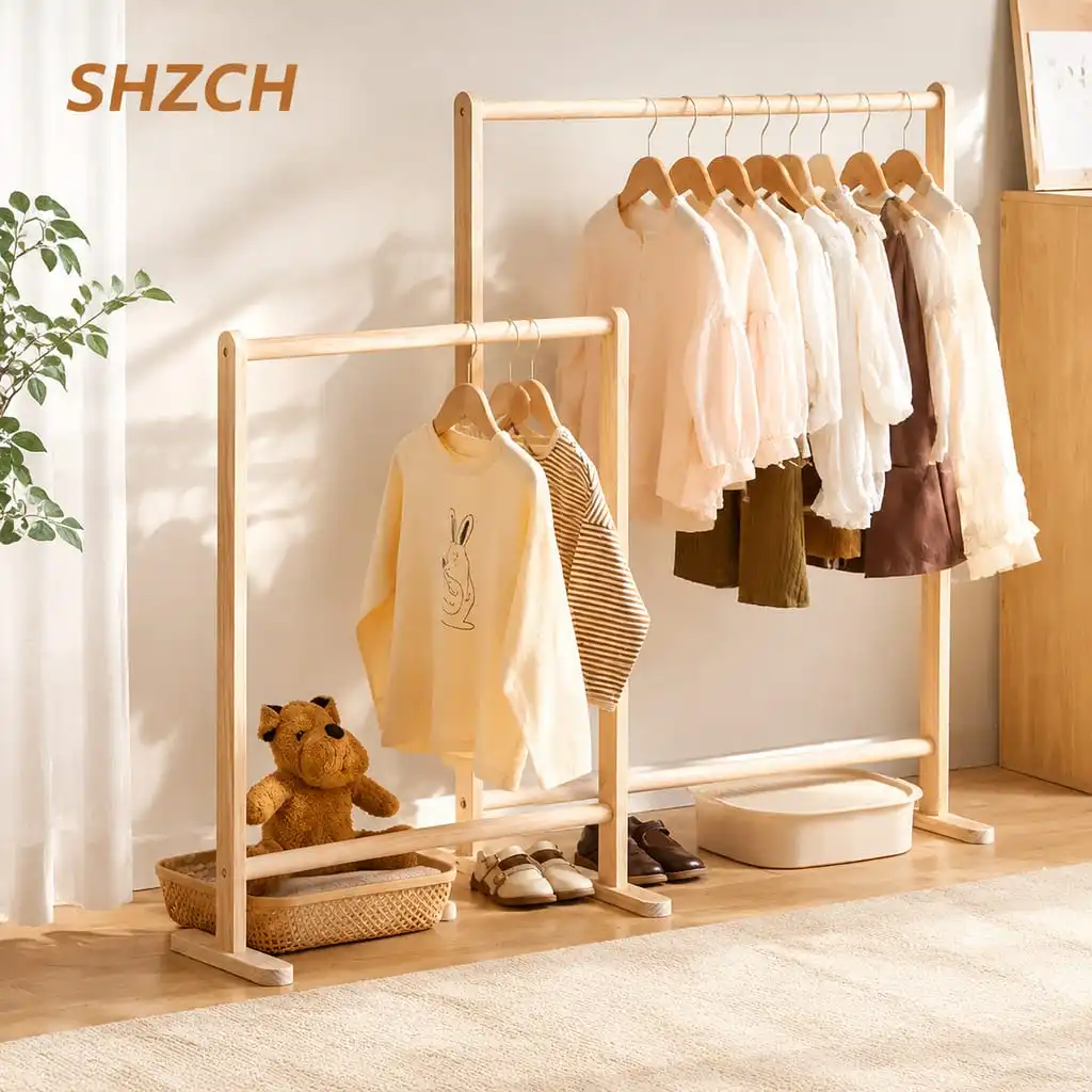 Kids Solid Wood Folding Clothes Rack Simplistic Design Coat Hanging Solution with Landing Rod Bedside Stylish Clothing Organize