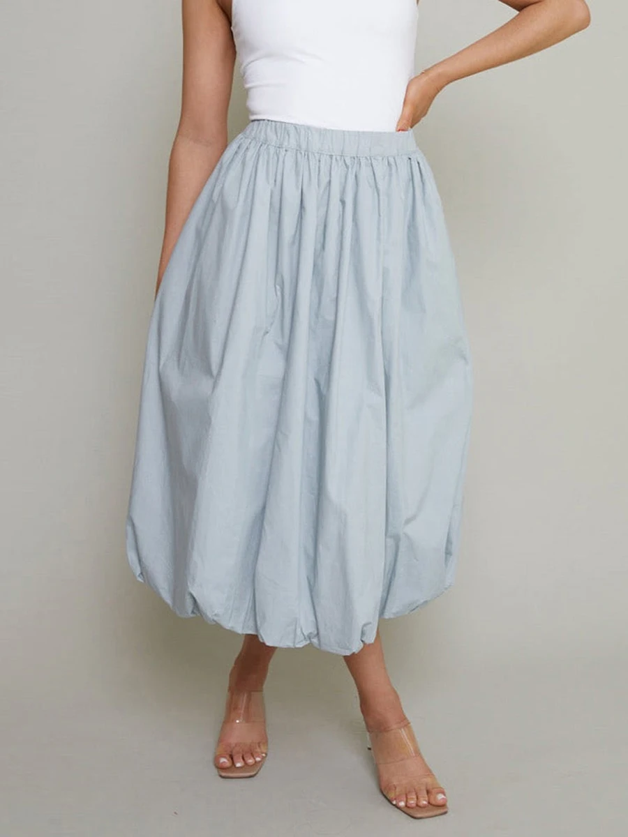 Women Bubble Skirt Elegant Elastic Waist Pleated Solid Summer Skirt Long Skirt with Pockets