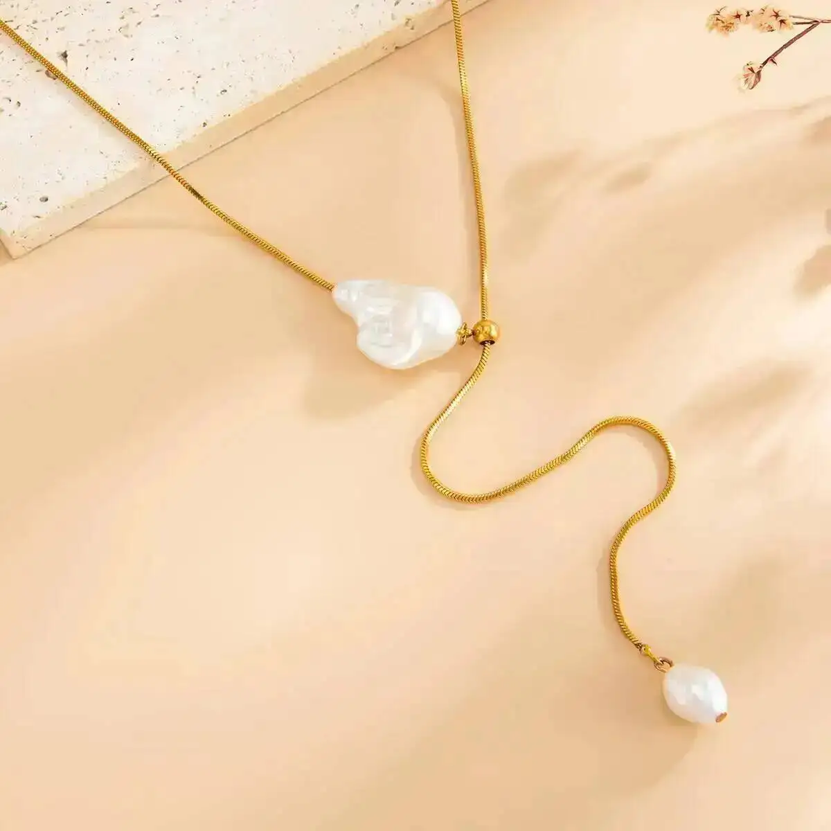 Ingemark Vintage Stainless Steel Long Chain Necklace for Women Baroque Imitation Pearl Pendant Necklace Waterproof Jewelry Gift