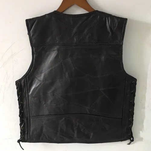 Imagen 2 del producto 2025 Chaleco con cuello en V de cuero con costuras para hombre Chaleco de cuero informal para motocicleta con enhebrado de dos lados