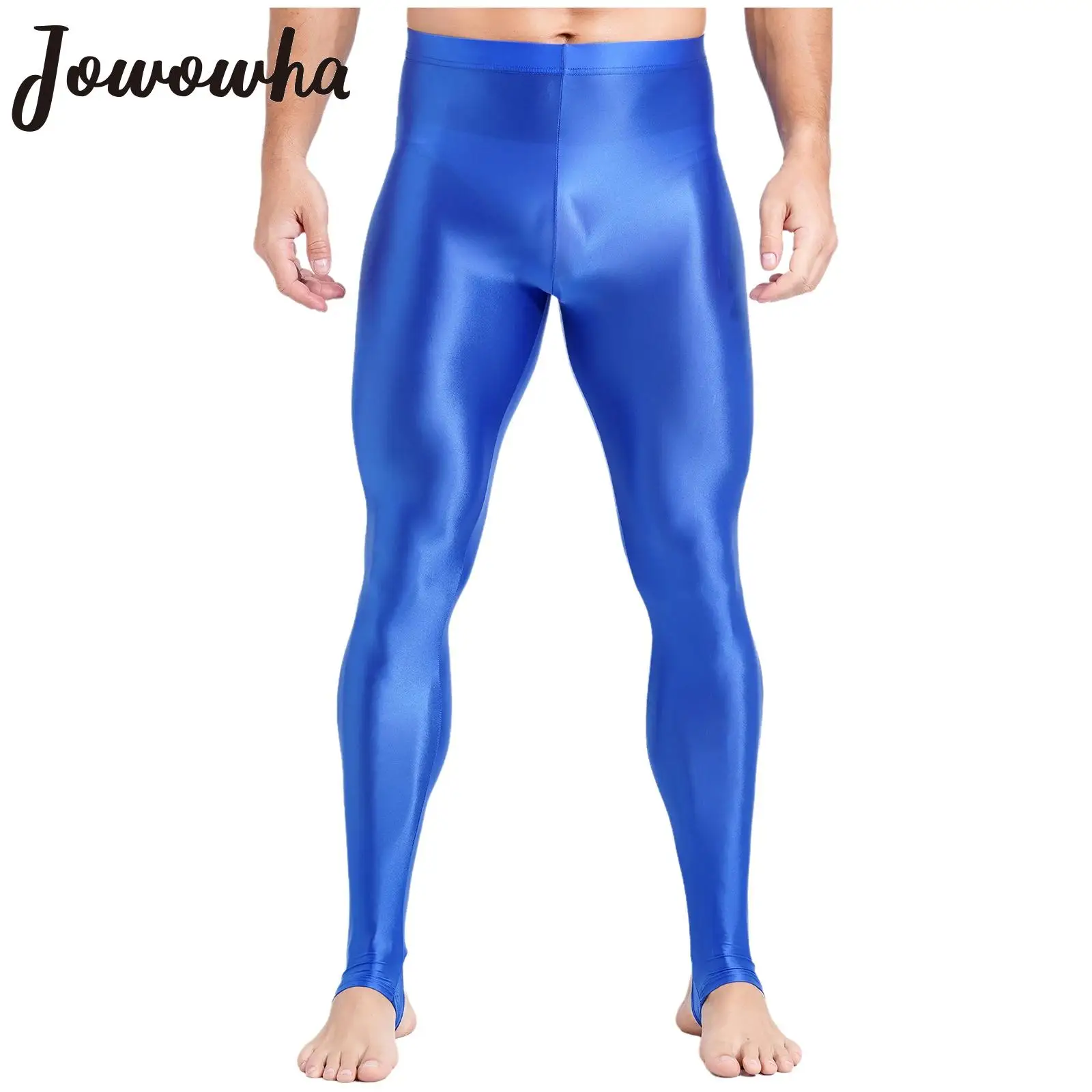 Mens Glossy Leggings High Waist Elastic Waist Tights Pants Gym Workout Tummy Control Sport Jogging Pants Sportswear Swimwear