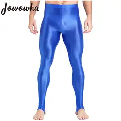 Mens Glossy Leggings High Waist Elastic Waist Tights Pants Gym Workout Tummy Control Sport Jogging Pants Sportswear Swimwear