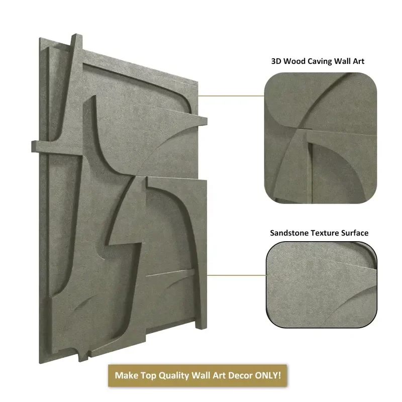 Custom Handmade Minimalist 3D Plaster Wooden Wall Sculpture Hotel Green Sandstone Texture Geometric Relief Wood Wall Art