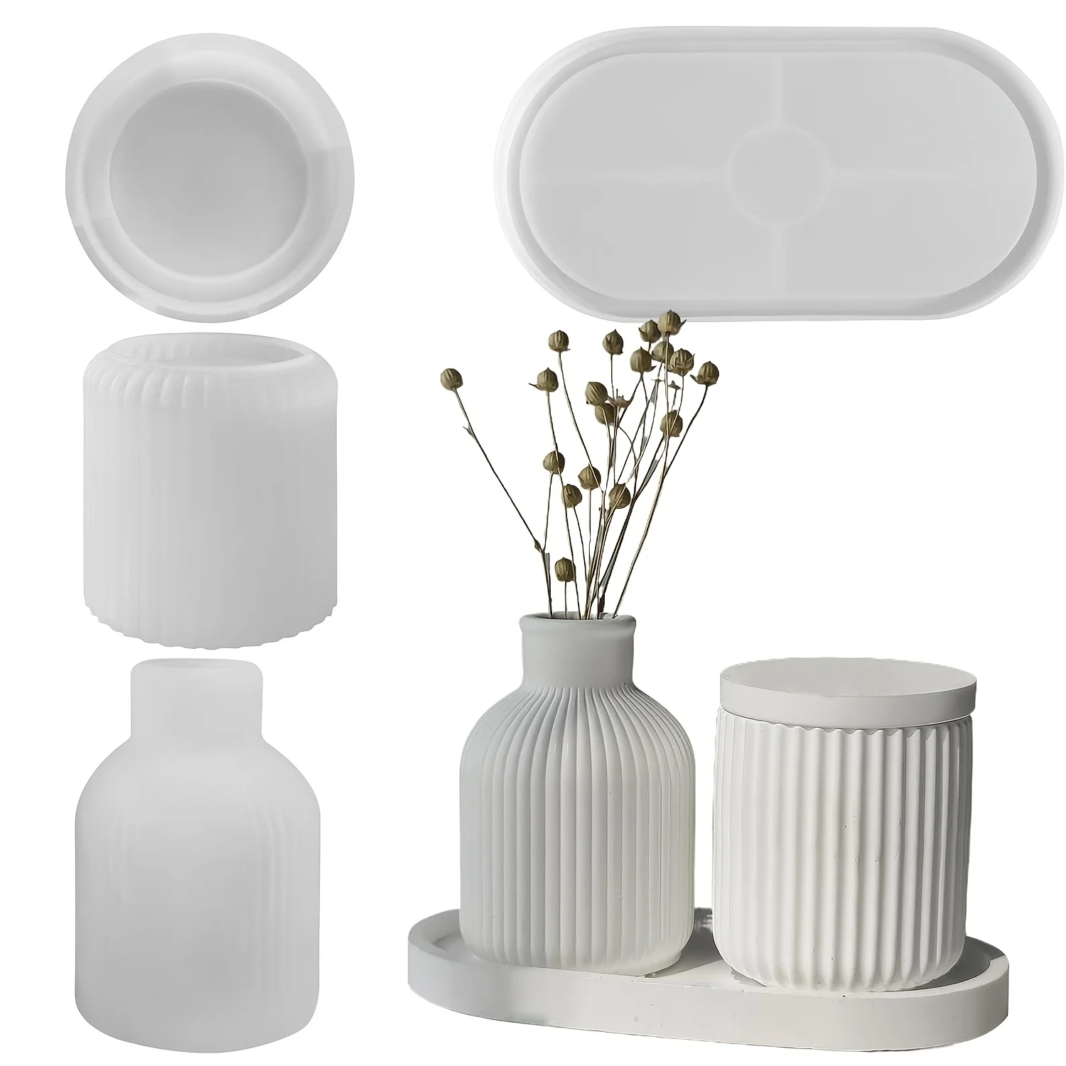 3pcs Minimalist Striped Vase Tray Silicone Mold Set Handmade Diy Gypsum Aromatherapy Candle Cup/Storage Tray Mold