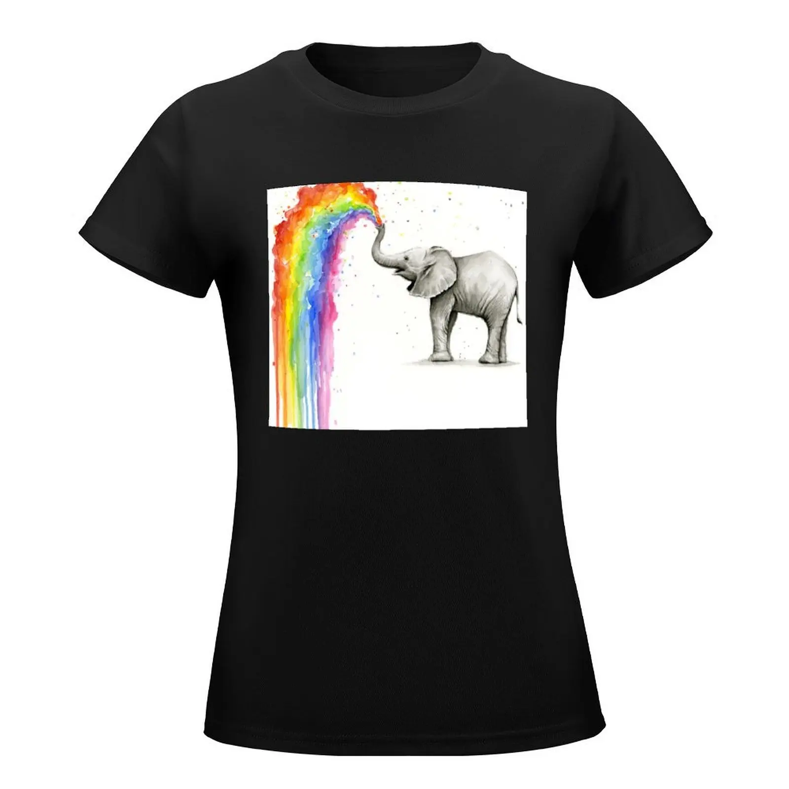 Baby Elephant Spraying Rainbow T-Shirt graphics aesthetic clothes t shirts for Womens