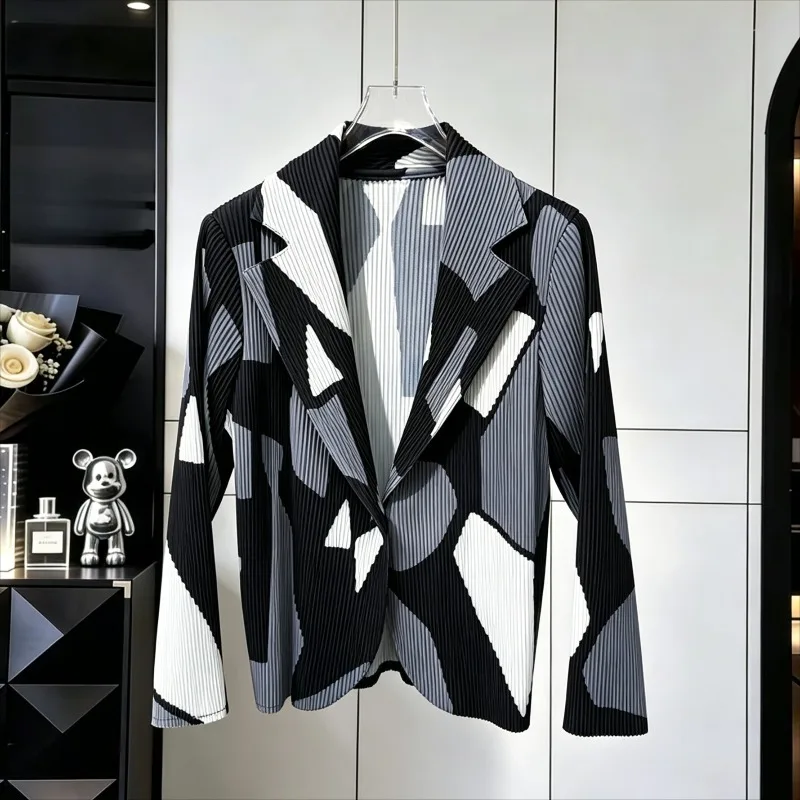 Miyake Pleated Printed Jacket 2026 Autumn New Turn-down Collar Long Sleeve Single Button Women's Commuter Casual Blazer Cardigan