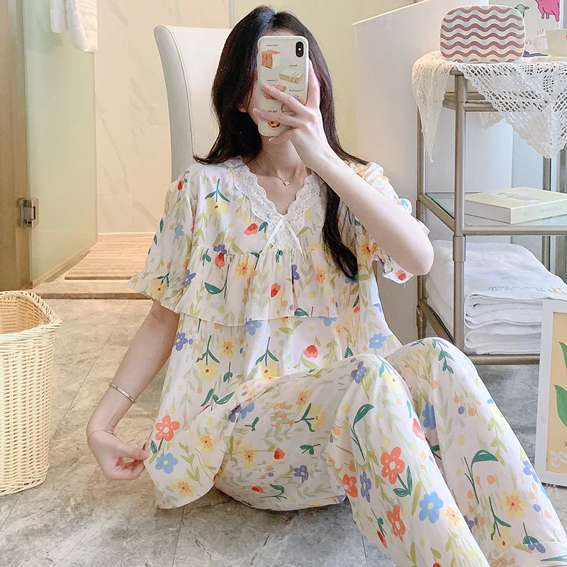 Cotton Silk Cute Floral Print Satin Pajama Sets Ensembles 2 Piece Pants Trouser Ruffled Lady Outfit Lounge Women Pijama