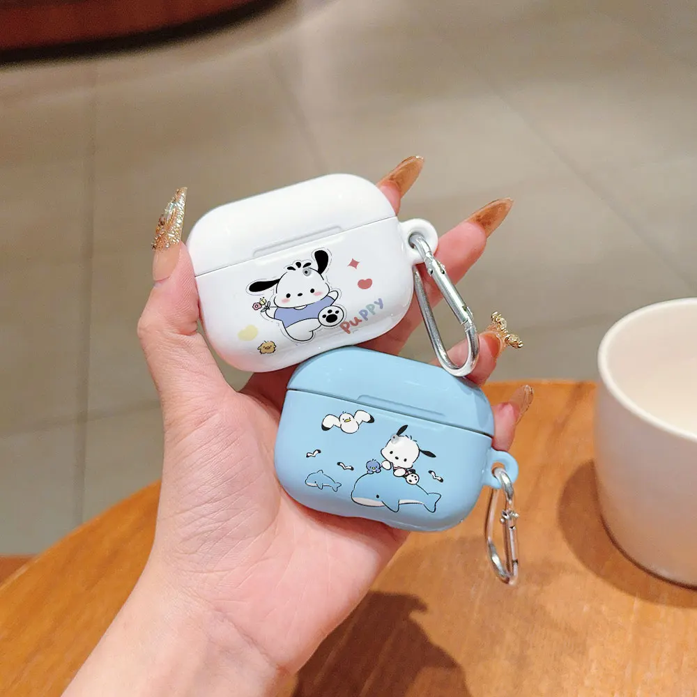 Cute Anime Pochacco Shockproof Protective Glossy HD Hard PC Earphone Cover Case For AirPods 1 2 3 Pro Pro2 with Metal Hook