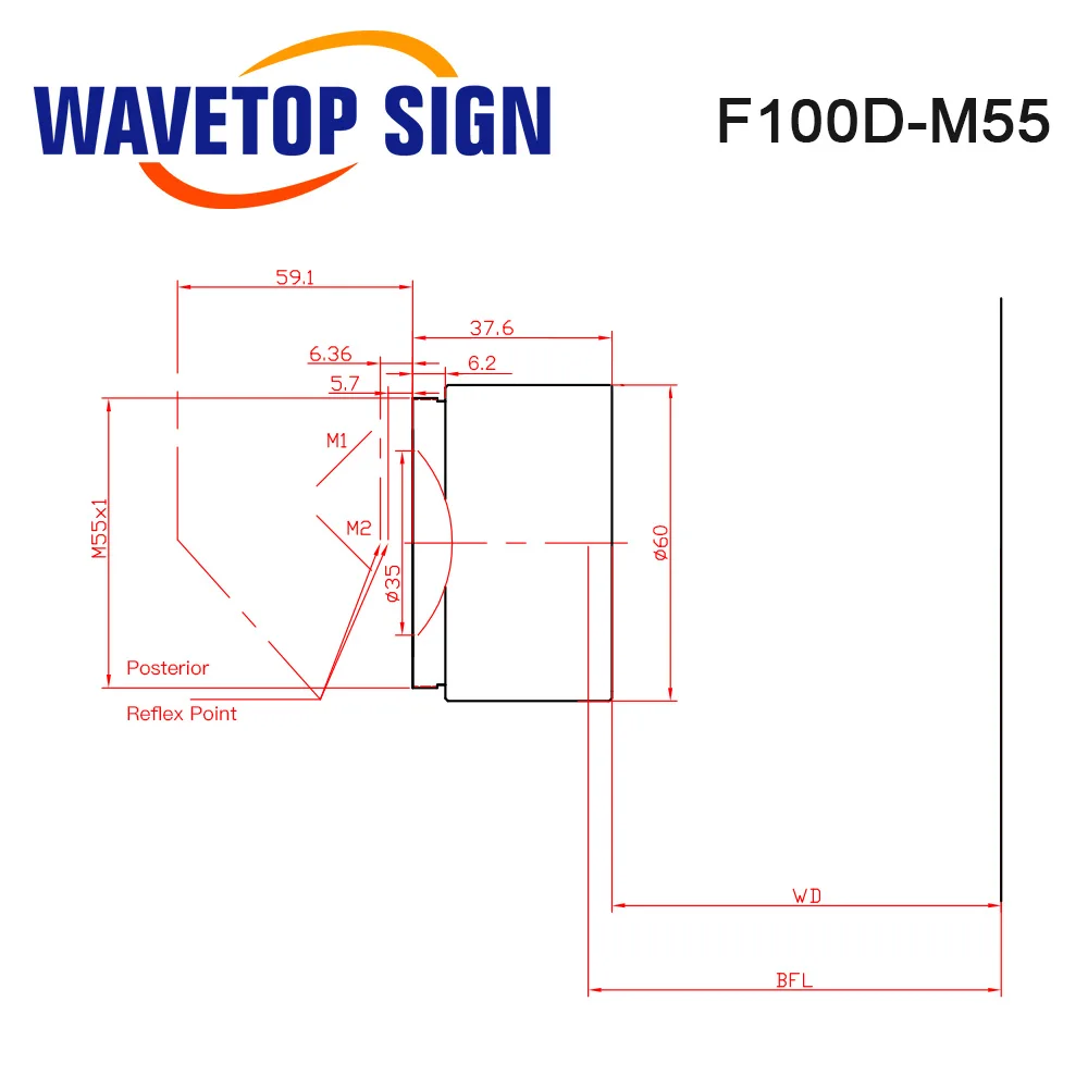 WaveTopSign 1064nm 450nm F-theta Field Scan Lens Thread M55x1 Focal Length F100-254mm for Fiber Laser Marking Machine