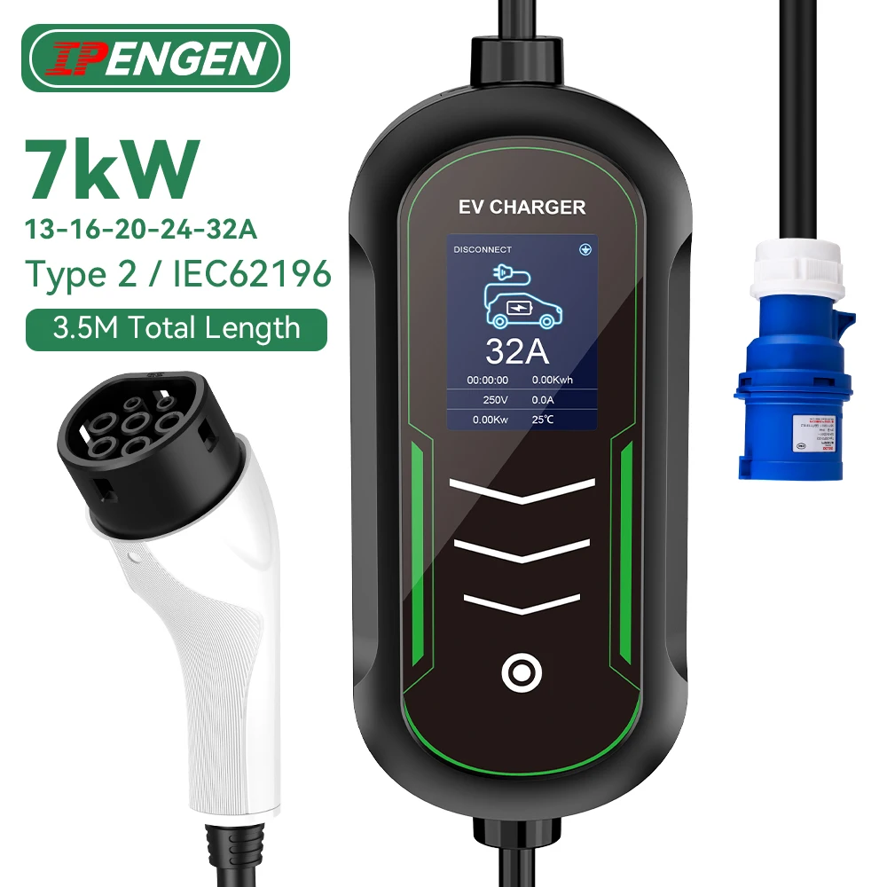 

IPENGEN 7 кВт портативное зарядное устройство для электромобилей Type2 32A EVSE зарядка для электромобиля IEC62196-2 умное зарядное устройство с регулируемым током