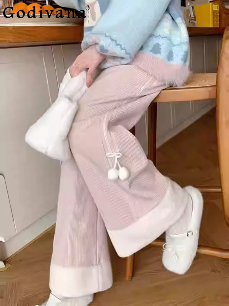 

Large Size Sweet Pink Japanese Corduroy Fashion Wide-leg Trousers Girl Autumn Winter Thickened College Loose Straight-leg Pants