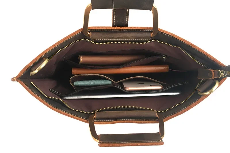 Nesitu tas kantor pria A4 kulit asli cokelat Vintage kualitas tinggi tas Messenger kulit kuda gila Portofolio pria M1823