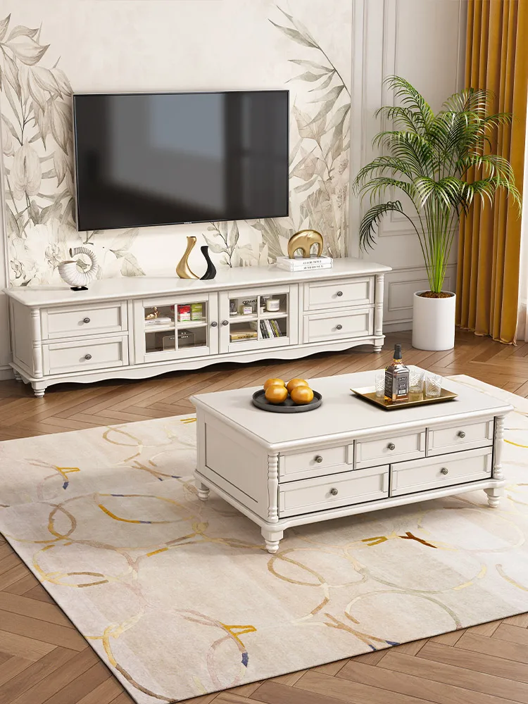 Taomeiting American white solid wood coffee table TV cabinet combination furniture Modern living room Nordic log Kung Fu coffee