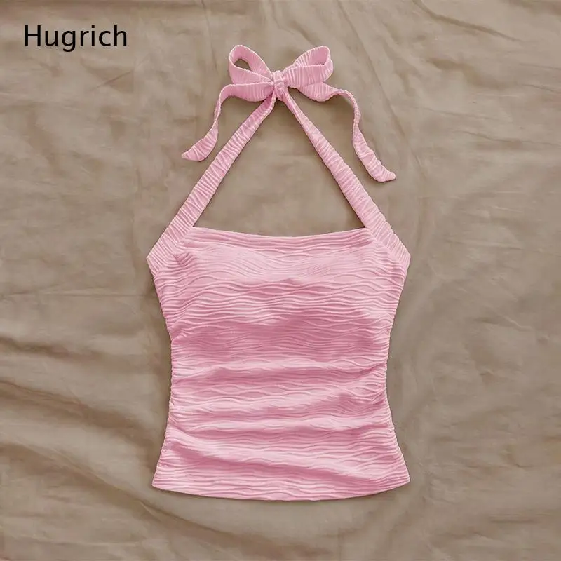 Textured Fabric Halter Sleeveless Top Solid Pink Back Adjustable Big Bow Closure Fitted Cropped Casual Camisole
