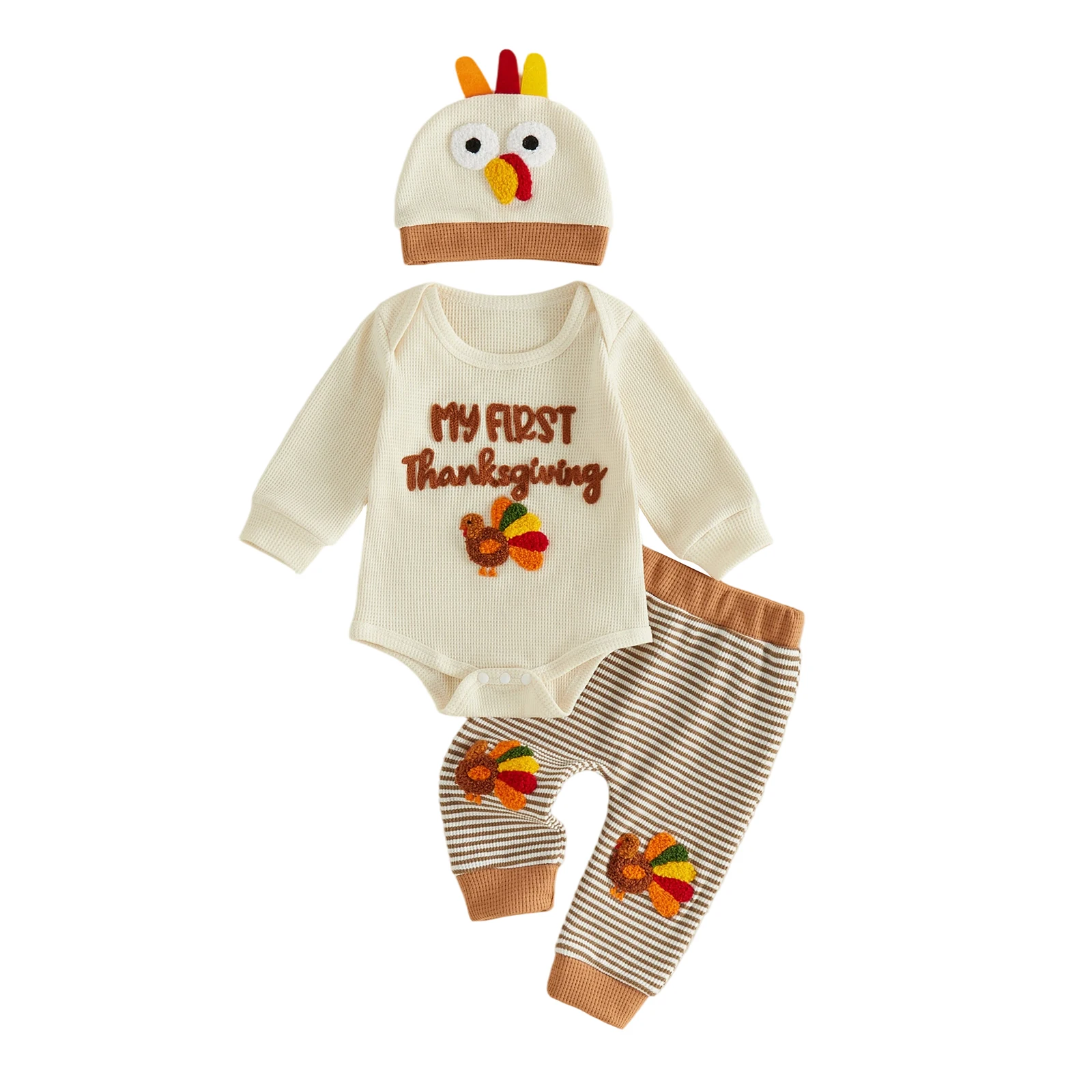 Baby Boy Thanksgiving Outfit Turkey/Croissant Long Sleeve Romper Pants &Hat