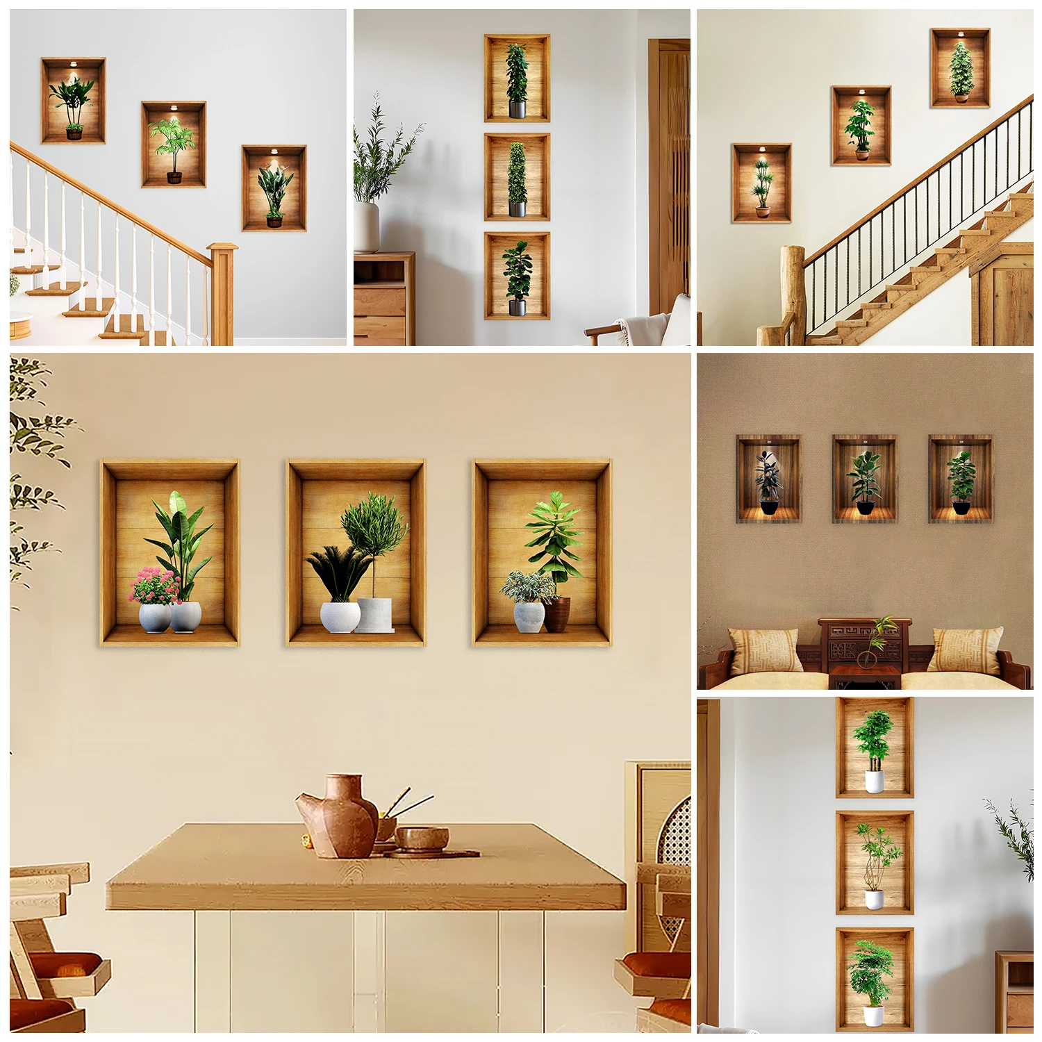 3pcs/set Simulated Plant Potted Plants Cabinet Wall Stickers Peel & Stick Waterproof PVC Frameless Wall Art Mural Decals