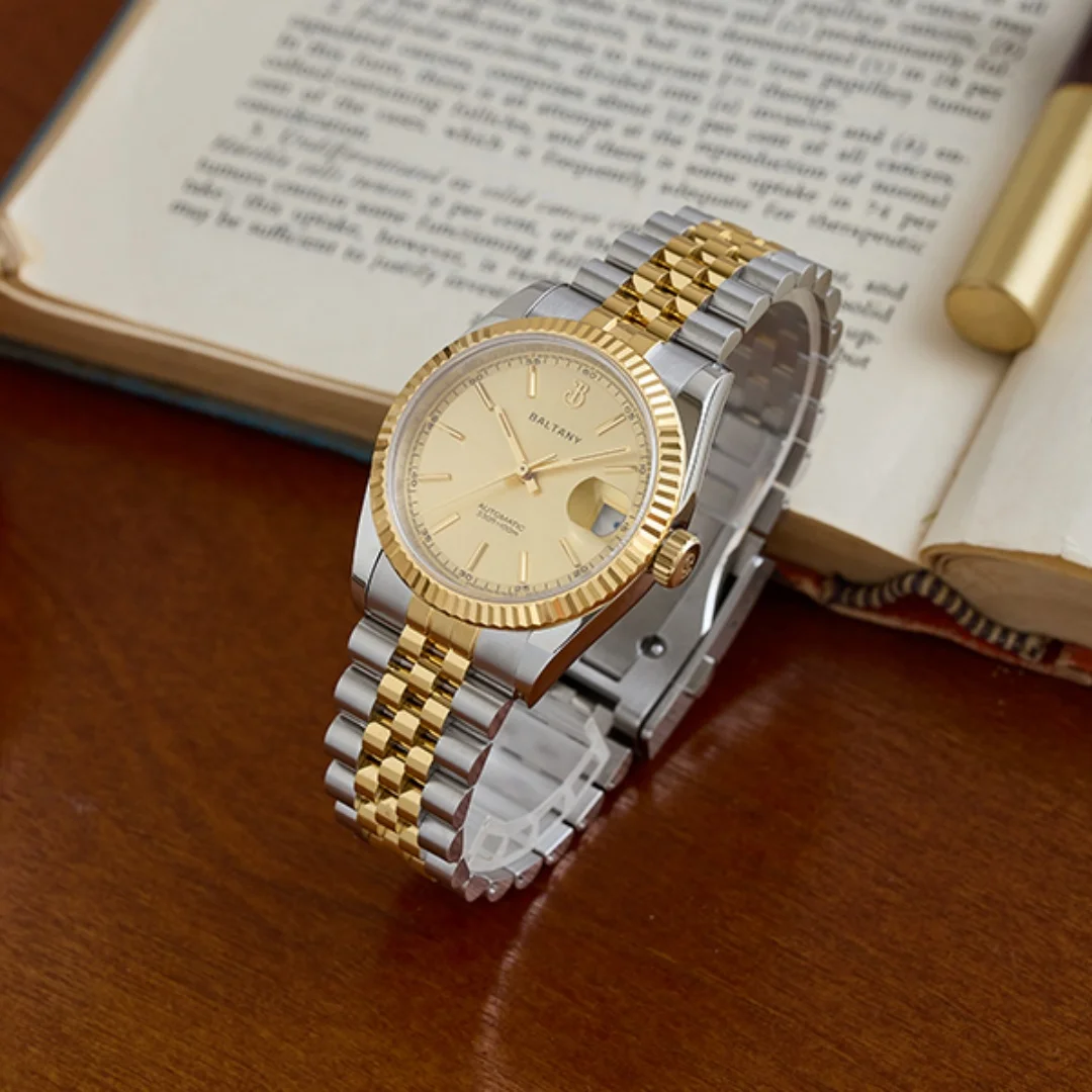 Baltany الفاخرة الرجعية ساعة ميكانيكية أوتوماتيكية للرجال 36 مللي متر NH35 التقويم الياقوت كريستال مقاوم للماء 10Atm مضيئة ساعة اليد
