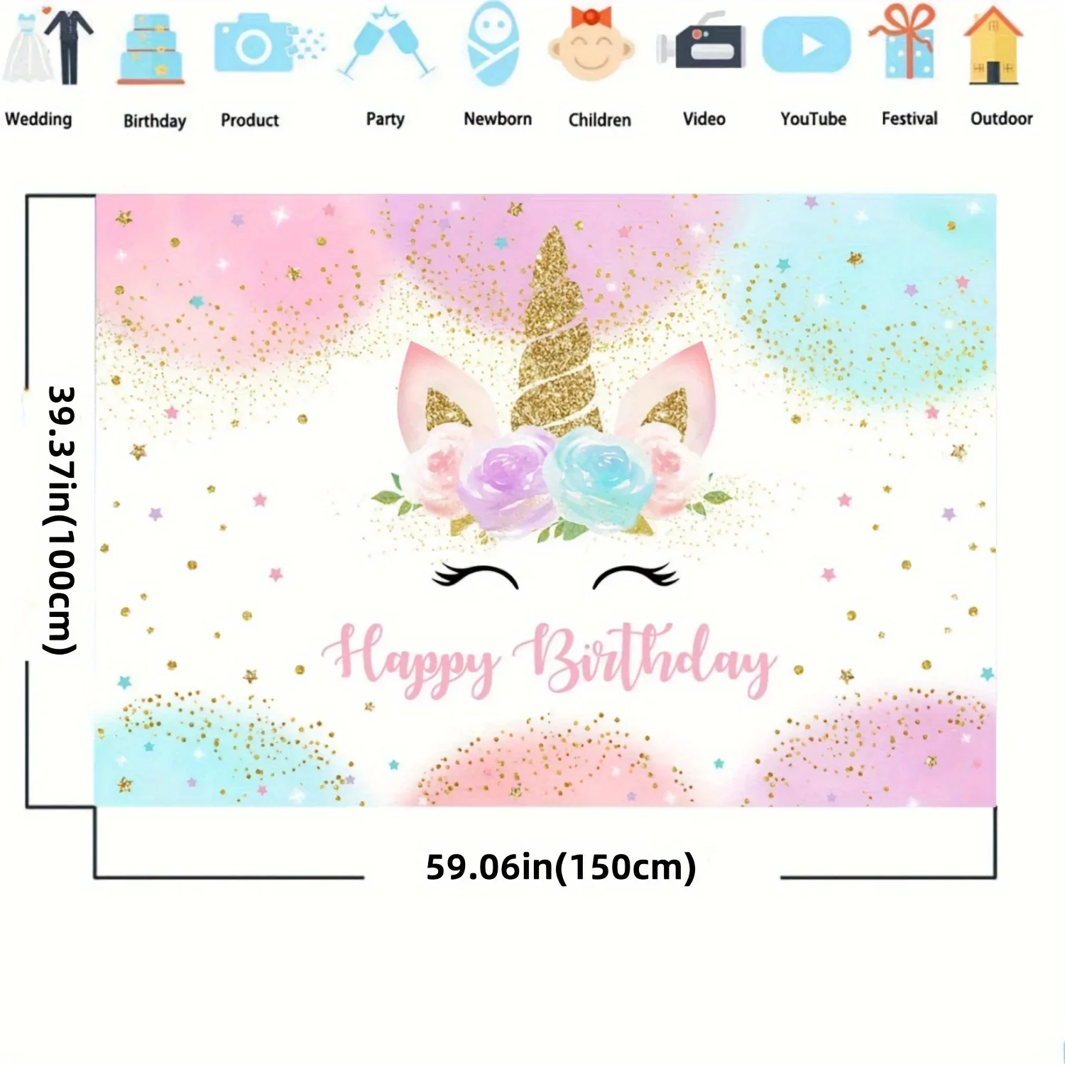 Rainbow Unicorn Background Happy Birthday Party Decoration Girl Watercolor Flowers Sparkling Stars