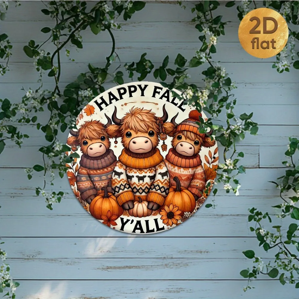 علامة إكليل البقرة المرتفعات العتيقة "Happy Fall Y'All" - قطعة واحدة مقاس 7.87 × 7.87 بوصة فن جداري حديدي مستدير مسطح ثنائي الأبعاد، ديكور للمنزل والمقهى والشرفة
