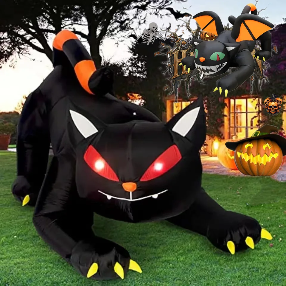 1.8M Halloween Inflatables Shaking Head Cat/Winged Cat with LED Lights for Outdoor Halloween Yard Lawn Garden Decorations Props