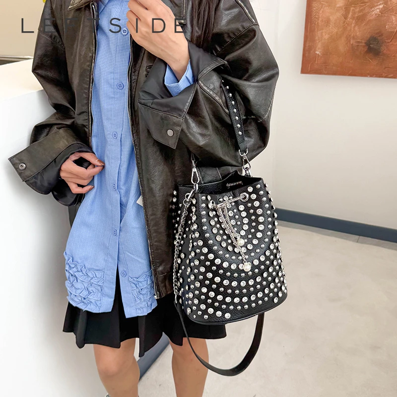 

LEFTSIDE Studded Bucket Bag with Pearl Charm Drawstring Punk Rock Leather Shoulder Bag for Women Rhinestone Crossbody Purse