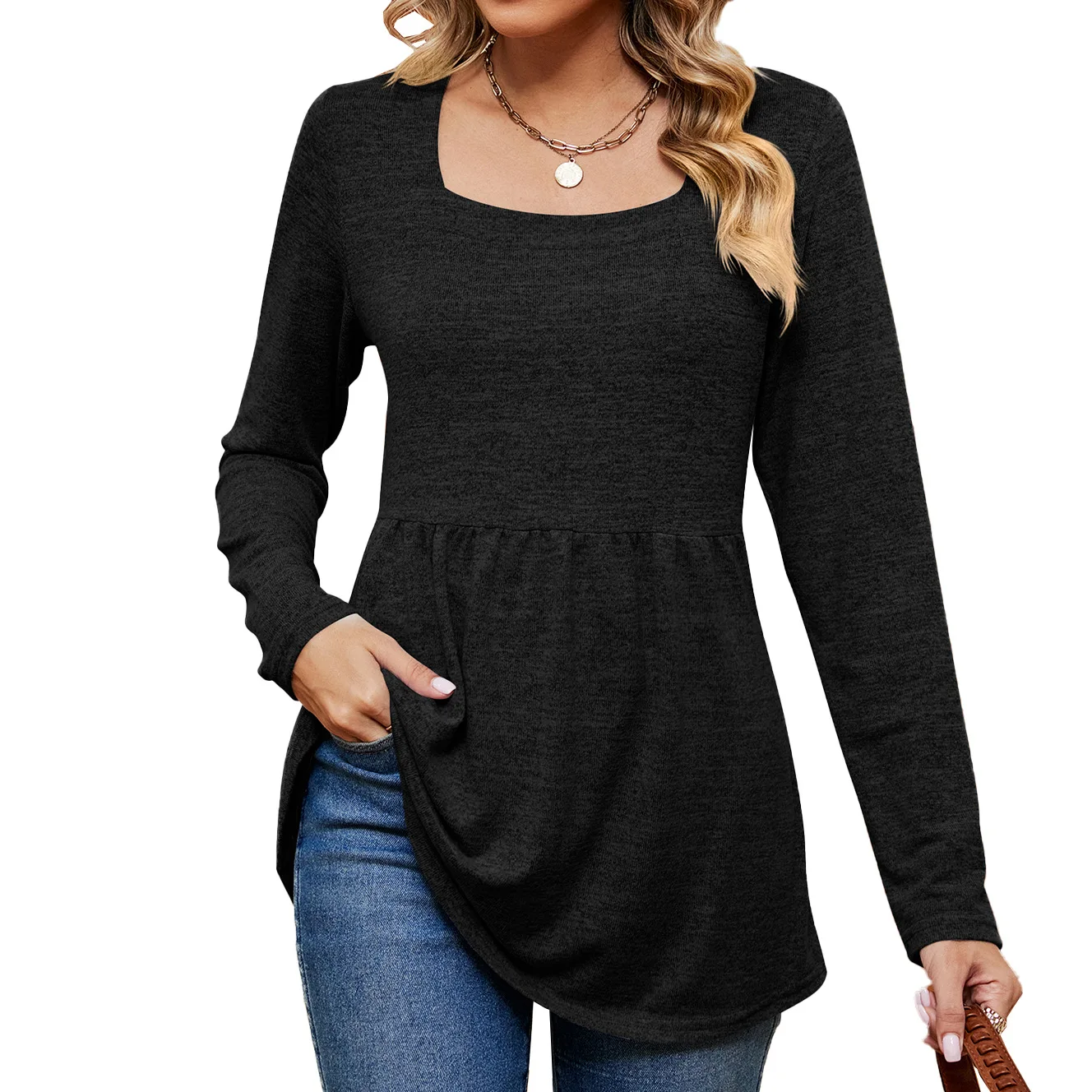 Women's Long Sleeve Pleated Lightweight Sweatshirt, Tops for Autumn, Monochromatic, Square Neck