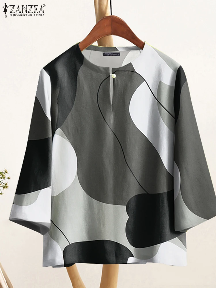 

ZANZEA Women Summer O Neck 3/4 Sleeve Blouse Vintage Printed Shirt Casual Work Blusas Stylish Holiday Tunic Tops Oversize 2025