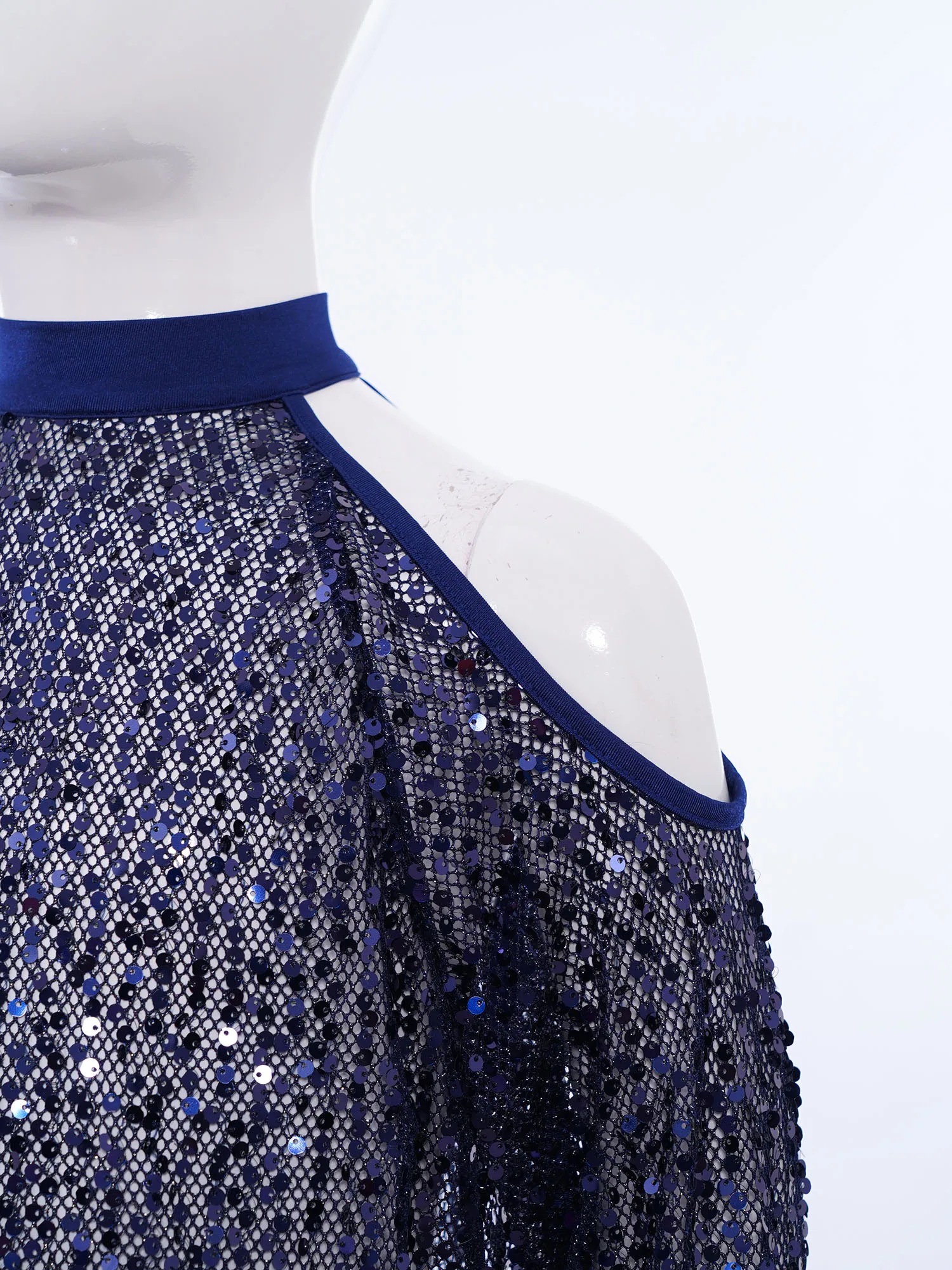 Kids Girls Cold Shoulder Hollow Out Mesh Blouse Long Sleeve Shiny Sequins See-Through Crop Top for Hip-hop Jazz Dance Stage Show