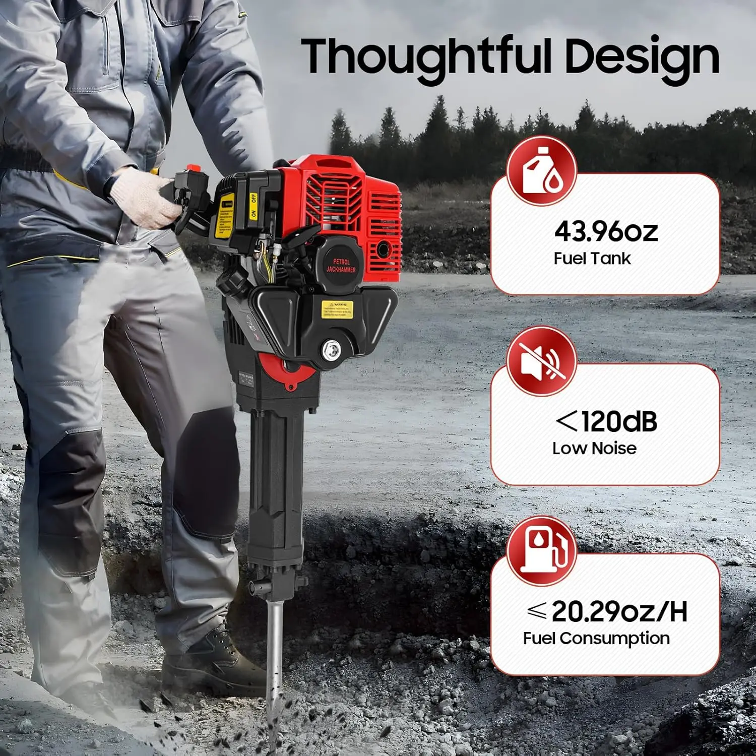 52Cc 2-Stroke Tree Digging Machine, Handheld Gas Powered Post Hole Digger With 3 Heads(Wide Shovel, Pointed Pickaxe, Flat