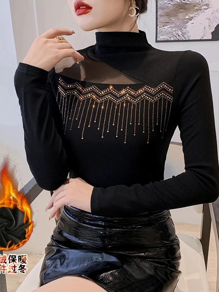 

Winsleter Elegant Basic Clothes Tshirt Long Sleeve Tees Autumn Winter Women Mock Neck Warm Fleece Beaded Tops T30473JC