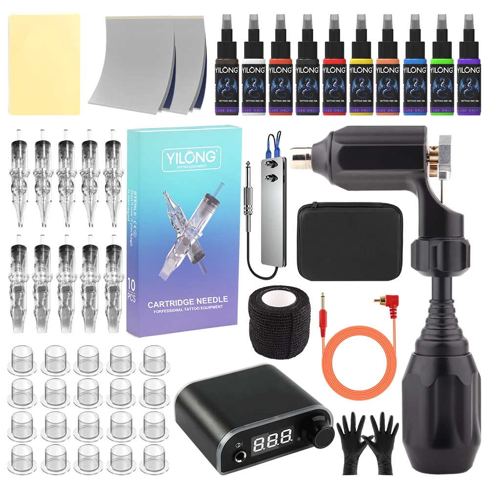 

Tattoo Kit YILONG New L Tattoo Machine Kit For Permanent Makeup Complete Tattoo Machine Set with 10 Needles 10 Inks 20 Ink Cups