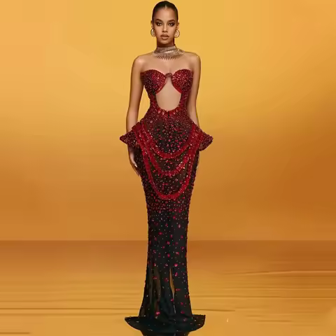 Elegant Sleeveless Mermaid Evening Dresses For Women Luxury Crystals Prom formal Dress Hollow Celebrity Party Gowns